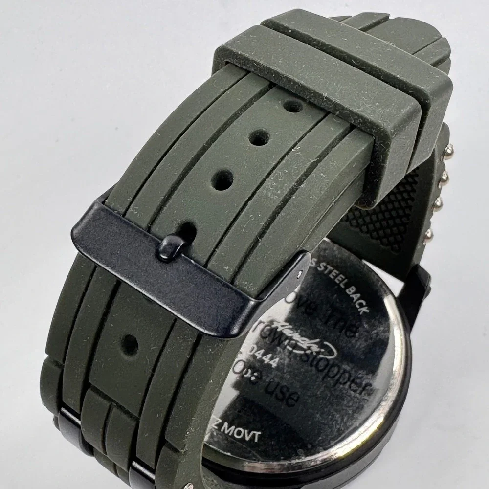 Ed Hardy Mens Camouflage Dial Watch Black Case Green Studded Silicone Band 50444